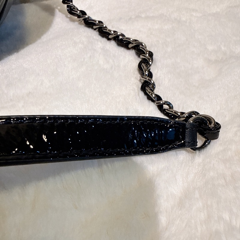 Chanel✨黑銀漆皮圓餅包鏈條包 貓頭鷹拉鍊-34