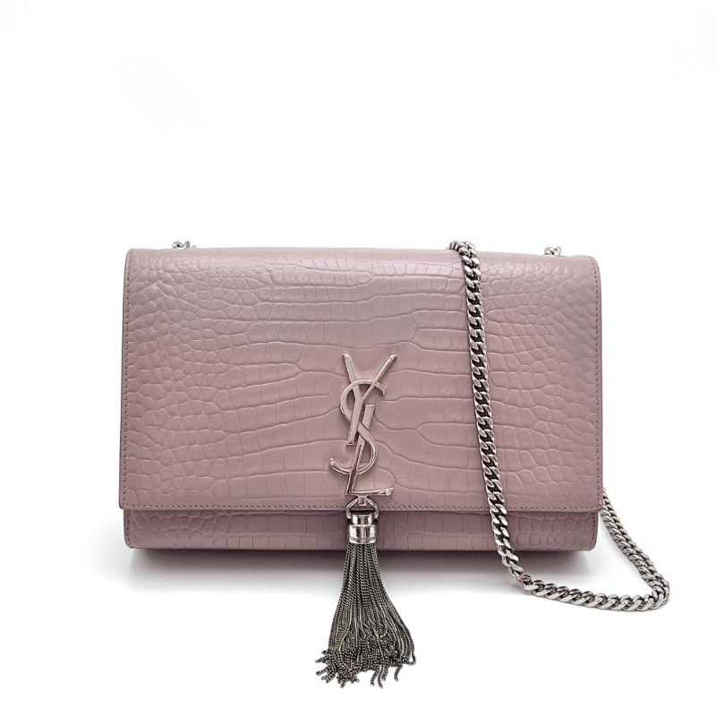 YSL粉色銀扣鰐壓紋KATE中號流蘇肩背斜背鏈條包24*15*5.5 98新配件塵袋-1