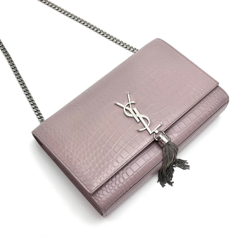 YSL粉色銀扣鰐壓紋KATE中號流蘇肩背斜背鏈條包24*15*5.5 98新配件塵袋-3