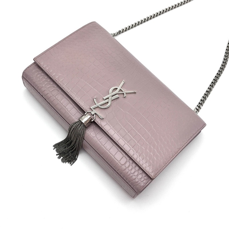 YSL粉色銀扣鰐壓紋KATE中號流蘇肩背斜背鏈條包24*15*5.5 98新配件塵袋-5