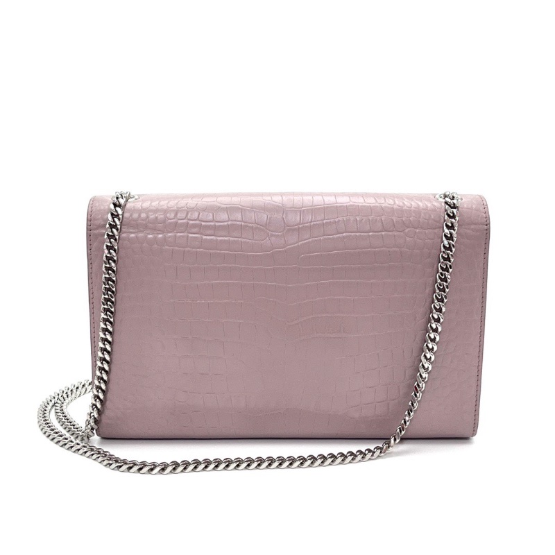 YSL粉色銀扣鰐壓紋KATE中號流蘇肩背斜背鏈條包24*15*5.5 98新配件塵袋-6