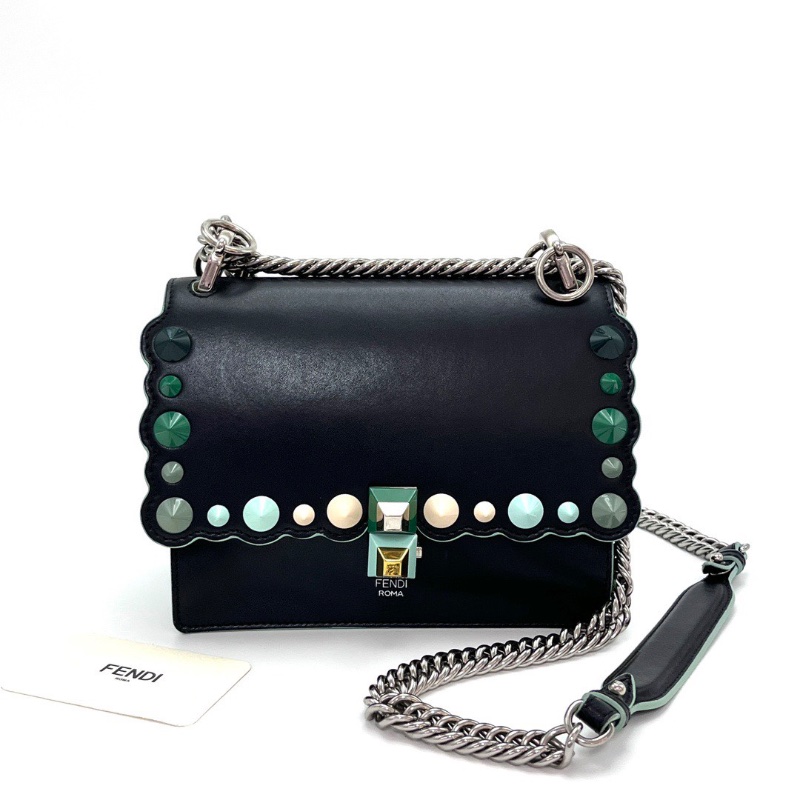 FENDI KANI小號黑色鉚釘波浪邊肩背斜背18.5*15*9 98新配件塵袋-1