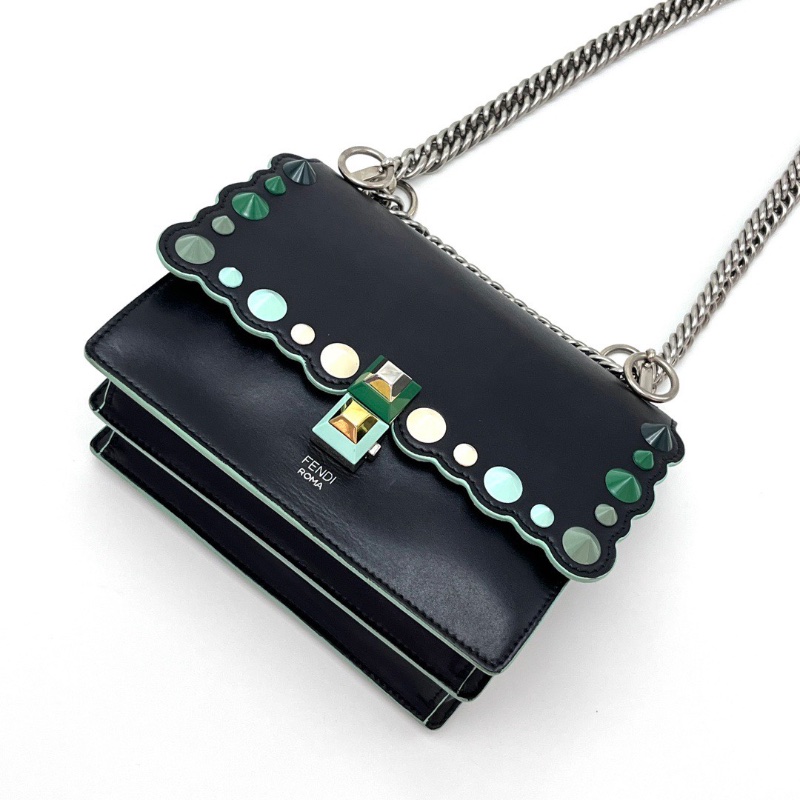 FENDI KANI小號黑色鉚釘波浪邊肩背斜背18.5*15*9 98新配件塵袋-3