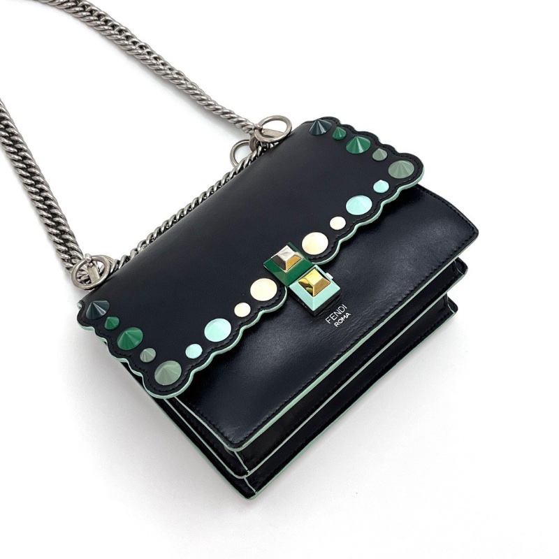 FENDI KANI小號黑色鉚釘波浪邊肩背斜背18.5*15*9 98新配件塵袋-5