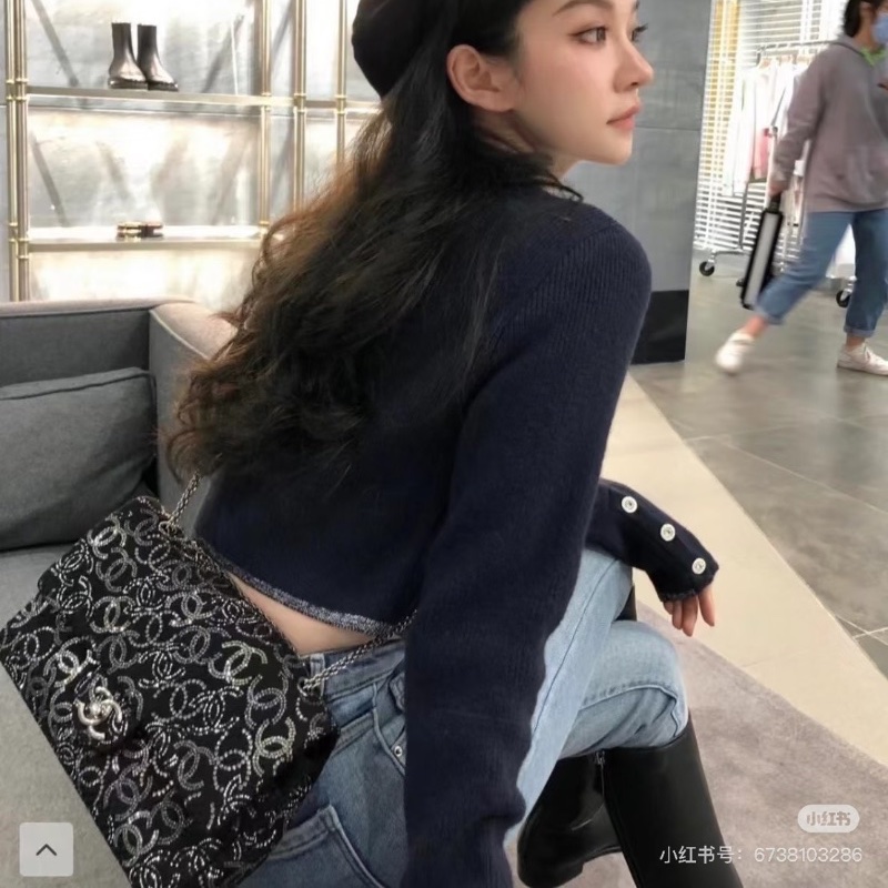 CHANEL 限量款黑銀滿天星粗呢cf中號肩背斜背包25*15*7 98新配件保卡塵袋-0