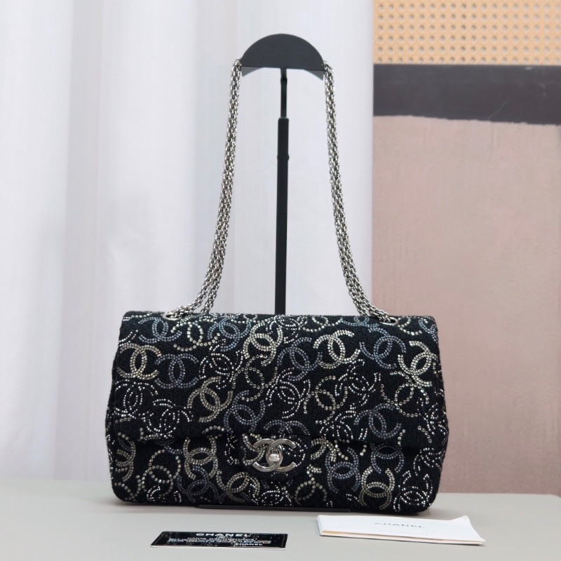 CHANEL 限量款黑銀滿天星粗呢cf中號肩背斜背包25*15*7 98新配件保卡塵袋-1