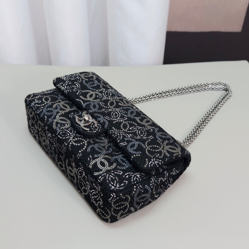 CHANEL 限量款黑銀滿天星粗呢cf中號肩背斜背包25*15*7 98新配件保卡塵袋-3