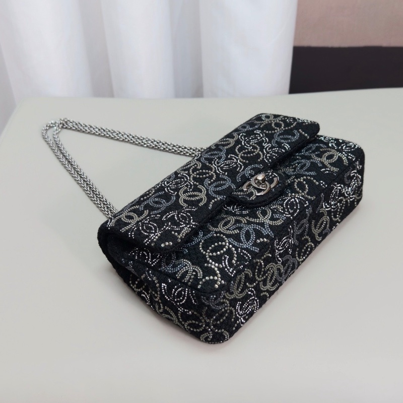 CHANEL 限量款黑銀滿天星粗呢cf中號肩背斜背包25*15*7 98新配件保卡塵袋-5