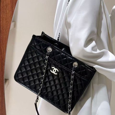Chanel 黑銀 油蠟牛皮 托特29*10*23cm 98新配件塵袋