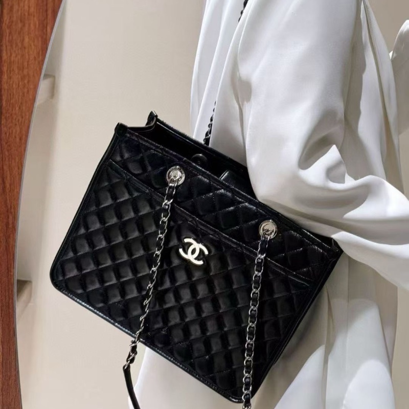 Chanel 黑銀 油蠟牛皮 托特29*10*23cm 98新配件塵袋-0