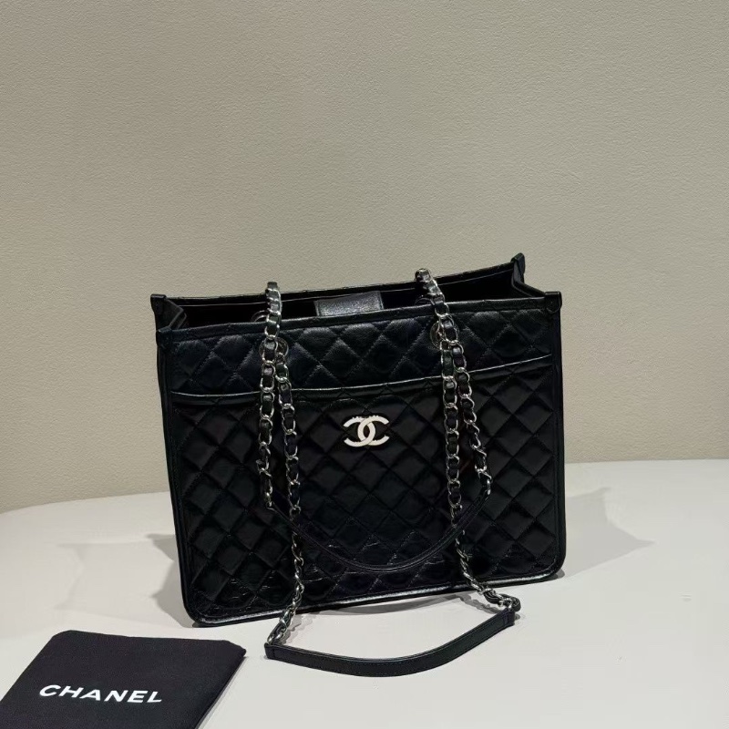 Chanel 黑銀 油蠟牛皮 托特29*10*23cm 98新配件塵袋-1
