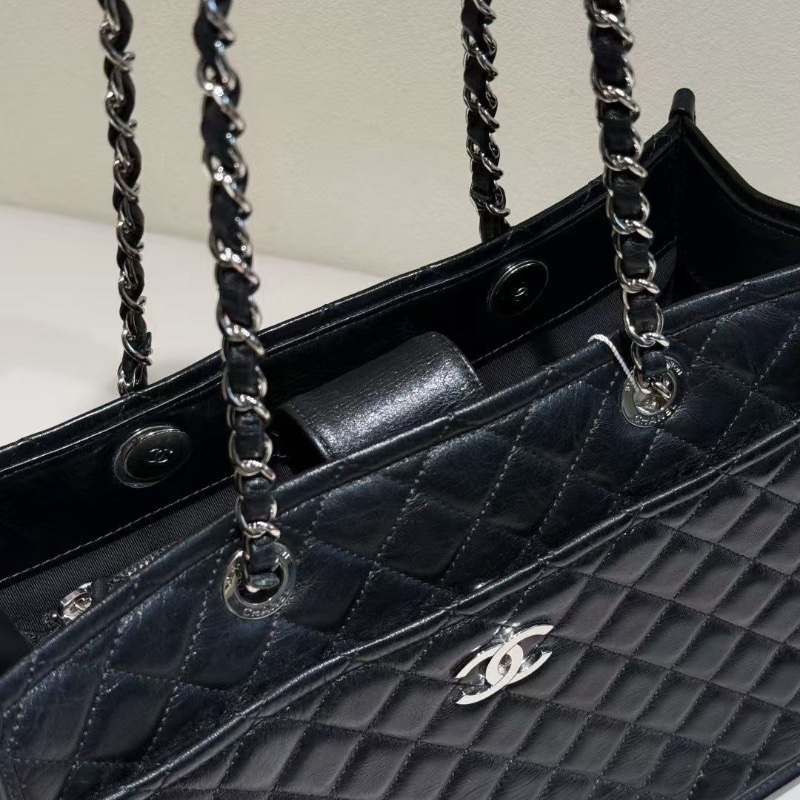 Chanel 黑銀 油蠟牛皮 托特29*10*23cm 98新配件塵袋-2