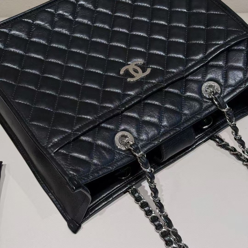Chanel 黑銀 油蠟牛皮 托特29*10*23cm 98新配件塵袋-3