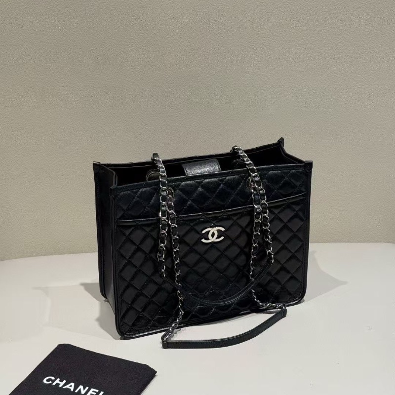 Chanel 黑銀 油蠟牛皮 托特29*10*23cm 98新配件塵袋-5