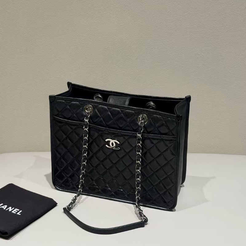 Chanel 黑銀 油蠟牛皮 托特29*10*23cm 98新配件塵袋-6