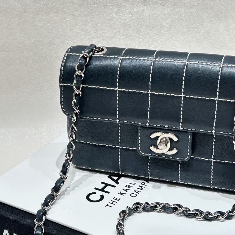 Chanel cf 海軍藍接近黑 牛皮 大mini白線外縫線勾勒的冰格元素22×13 99新配件塵袋-2