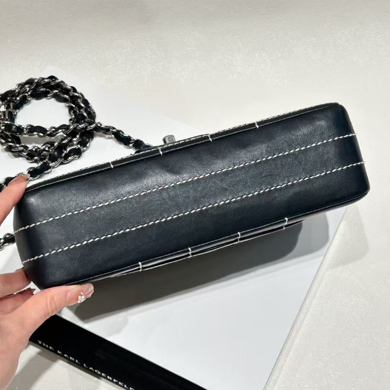 Chanel cf 海軍藍接近黑 牛皮 大mini白線外縫線勾勒的冰格元素22×13 99新配件塵袋-3