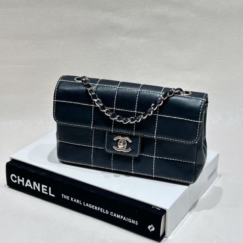 Chanel cf 海軍藍接近黑 牛皮 大mini白線外縫線勾勒的冰格元素22×13 99新配件塵袋-5