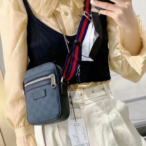 GUCCI 老花 GG 黑花 牛皮拼帆布 郵差包14.5*18*6 99新配件塵袋