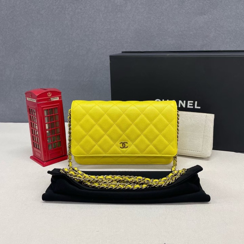 Chanel  23C cf woc發財包 荔枝牛皮黃色金扣 鏈條翻蓋包  12.3*19.2*3.5 98新配件盒子 塵袋-1