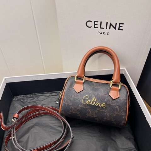 Celine 金棕凱旋門老花刺繡logo迷你Speedy波士頓包 ，可以手提、單肩背