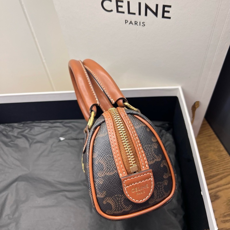 Celine 金棕凱旋門老花刺繡logo迷你Speedy波士頓包 ，可以手提、單肩背-5