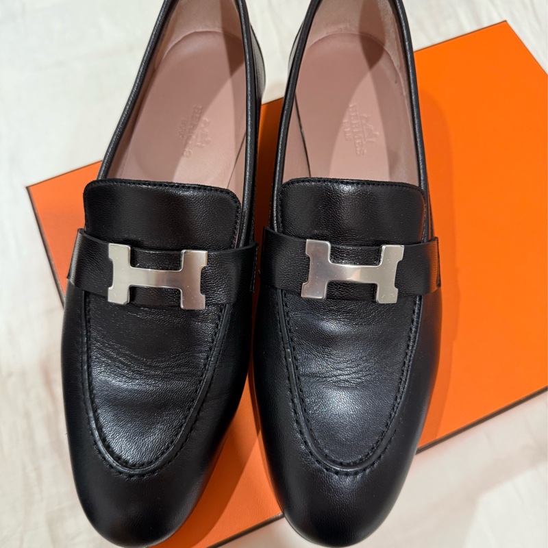 Hermes樂福鞋 黑銀37.5-5