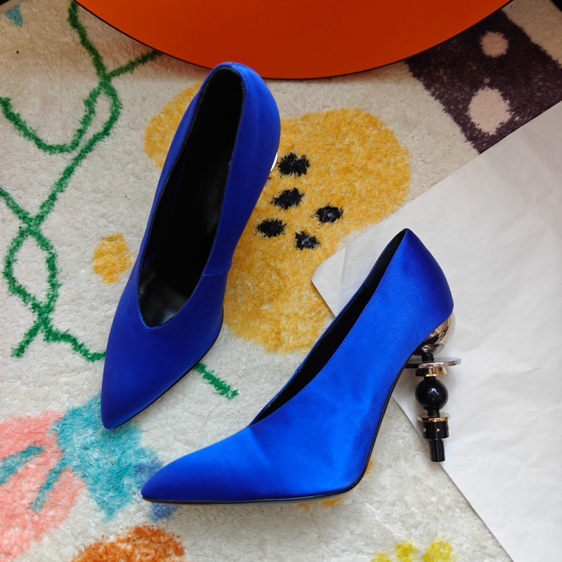 Hermes秀款高跟鞋愛馬仕藍色緞面異形高跟鞋  36碼-0