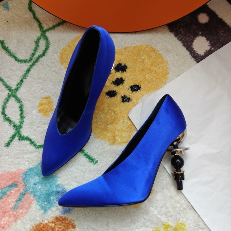 Hermes秀款高跟鞋愛馬仕藍色緞面異形高跟鞋  36碼-1