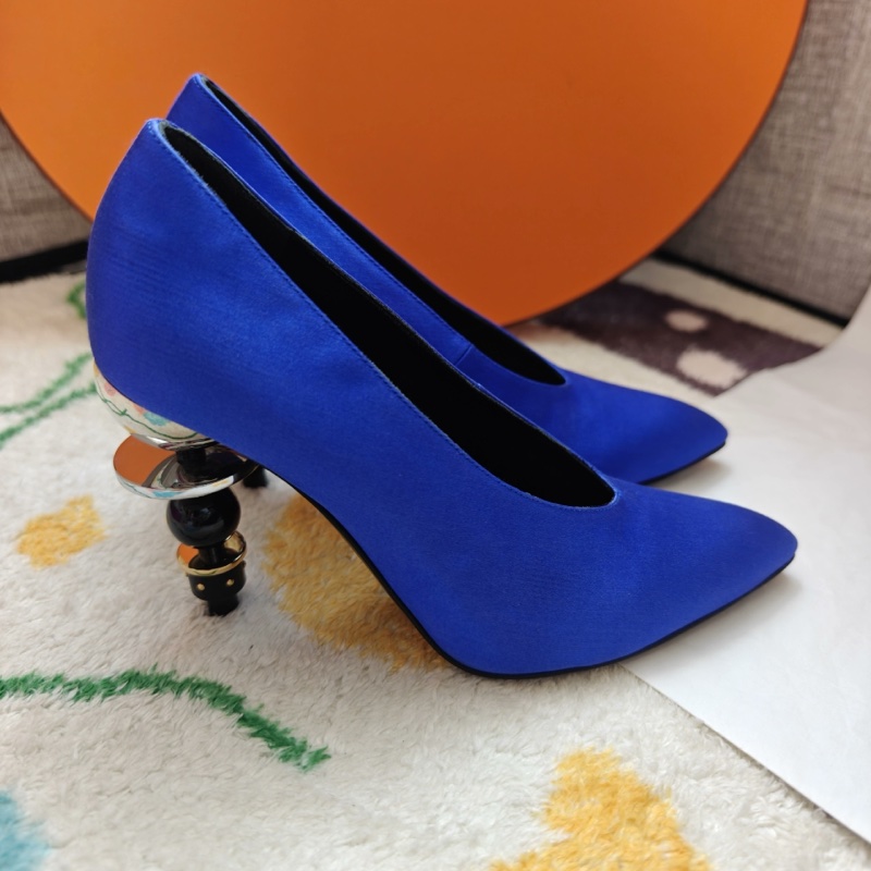 Hermes秀款高跟鞋愛馬仕藍色緞面異形高跟鞋  36碼-2