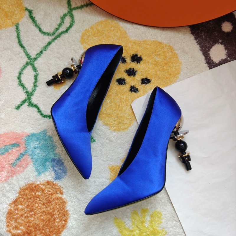 Hermes秀款高跟鞋愛馬仕藍色緞面異形高跟鞋  36碼-3