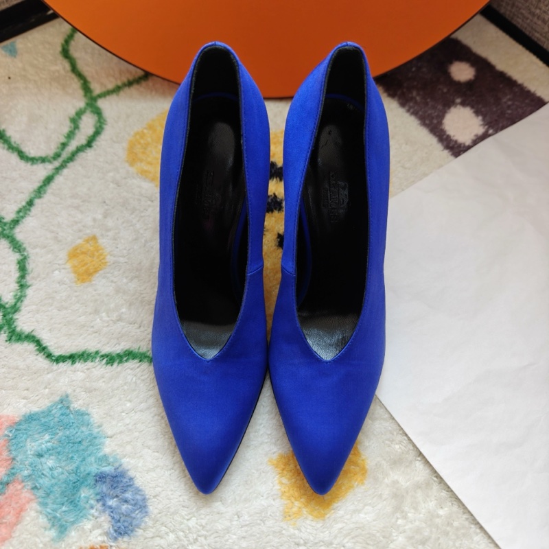 Hermes秀款高跟鞋愛馬仕藍色緞面異形高跟鞋  36碼-4