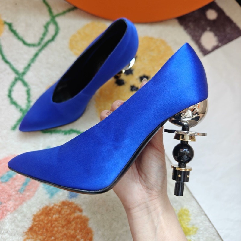 Hermes秀款高跟鞋愛馬仕藍色緞面異形高跟鞋  36碼-5