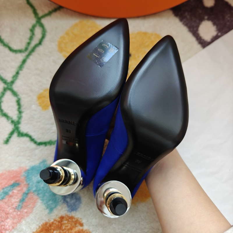 Hermes秀款高跟鞋愛馬仕藍色緞面異形高跟鞋  36碼-7