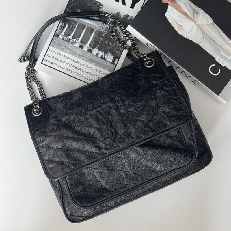 YSL聖羅蘭 Niki黑銀油蠟皮鏈條包大號-9