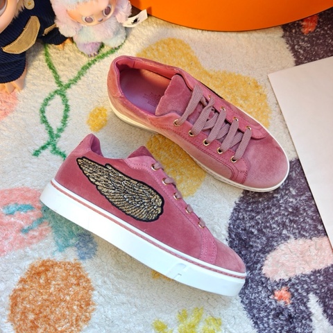 Hermes休閒鞋愛馬仕翅膀刺繡粉色絲絨板鞋  37.5碼