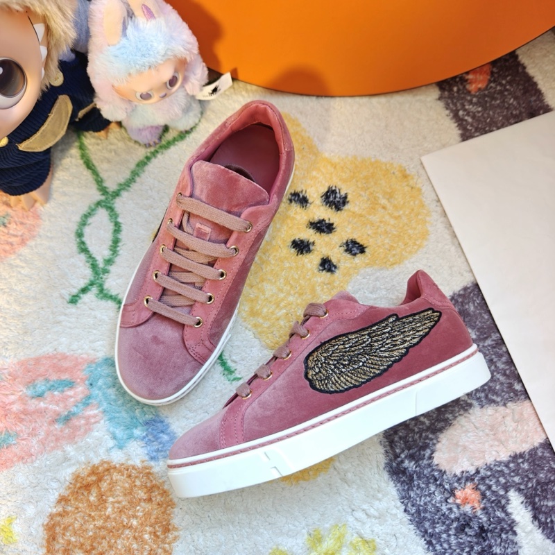 Hermes休閒鞋愛馬仕翅膀刺繡粉色絲絨板鞋  37.5碼-1