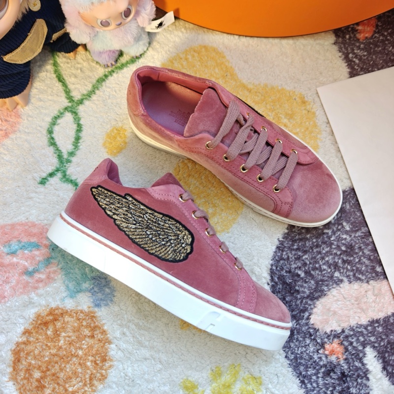 Hermes休閒鞋愛馬仕翅膀刺繡粉色絲絨板鞋  37.5碼-3