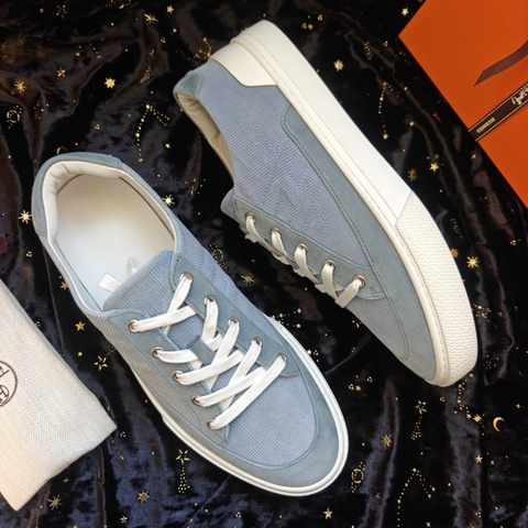 Hermes男士休閒鞋愛馬仕Deep霧藍色燈芯絨休閒鞋 42碼