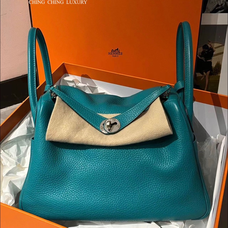 🌈Hermes💚Lindy 30💚孔雀藍色銀扣🌟98.5新🌈TC皮🌟有盒🌟lindy30🌟愛馬仕🌟-0