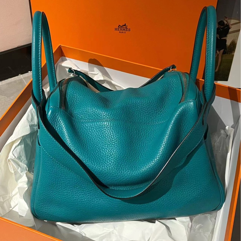 🌈Hermes💚Lindy 30💚孔雀藍色銀扣🌟98.5新🌈TC皮🌟有盒🌟lindy30🌟愛馬仕🌟-9