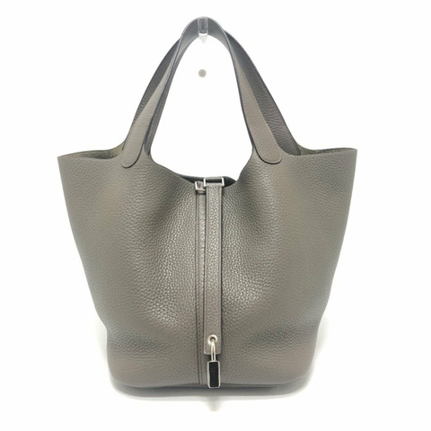 愛馬仕 Picotin Lock MM 銀色五金手提包 Taurillon Clemence 皮革女士 Etoupe 灰色