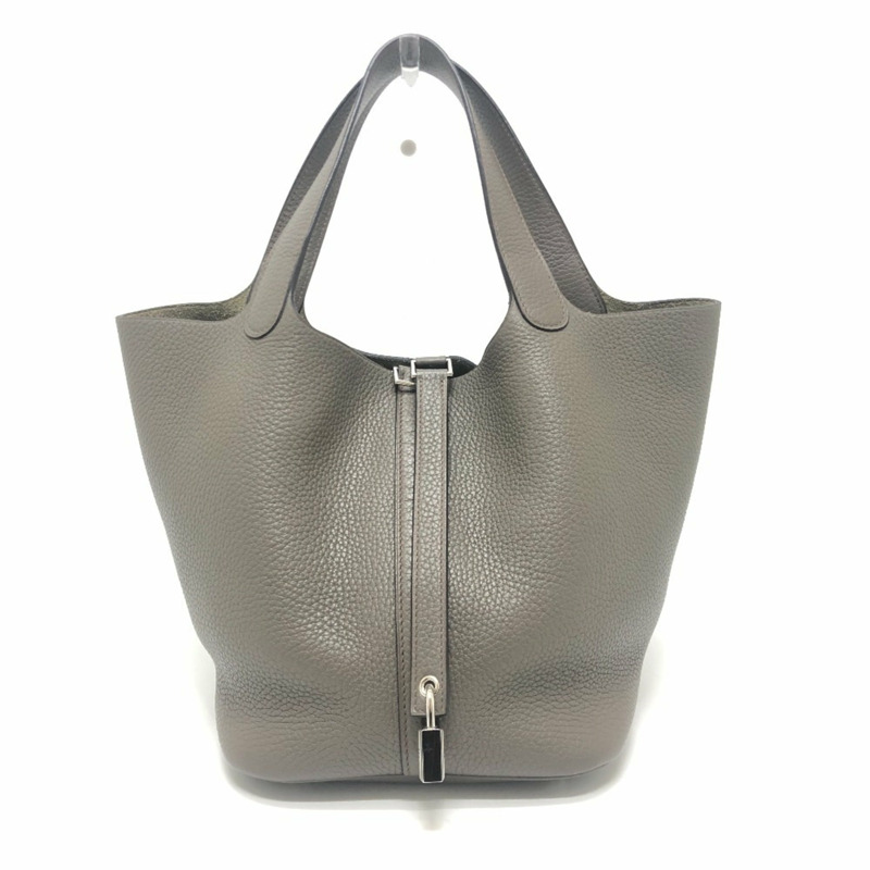 愛馬仕 Picotin Lock MM 銀色五金手提包 Taurillon Clemence 皮革女士 Etoupe 灰色-0