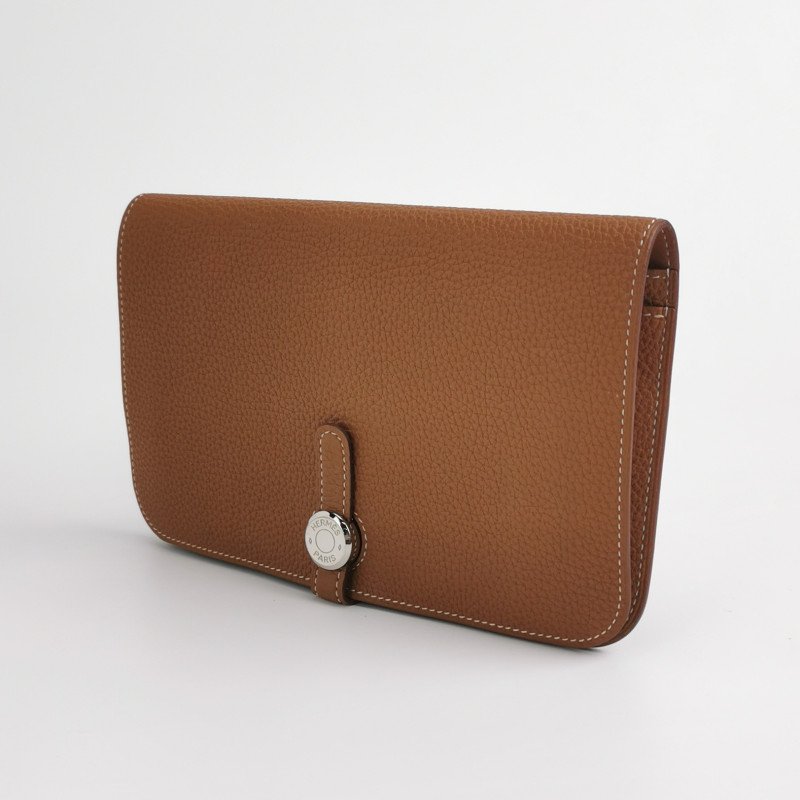 Hermes Dogon Duo馬鞍釘鎖釦子母包錢包Togo牛皮銀扣37金棕-1