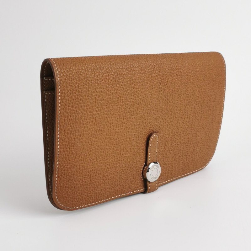 Hermes Dogon Duo馬鞍釘鎖釦子母包錢包Togo牛皮銀扣37金棕-2