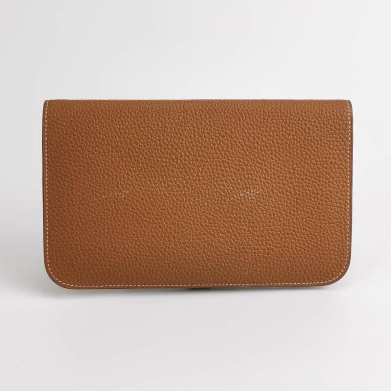 Hermes Dogon Duo馬鞍釘鎖釦子母包錢包Togo牛皮銀扣37金棕-3