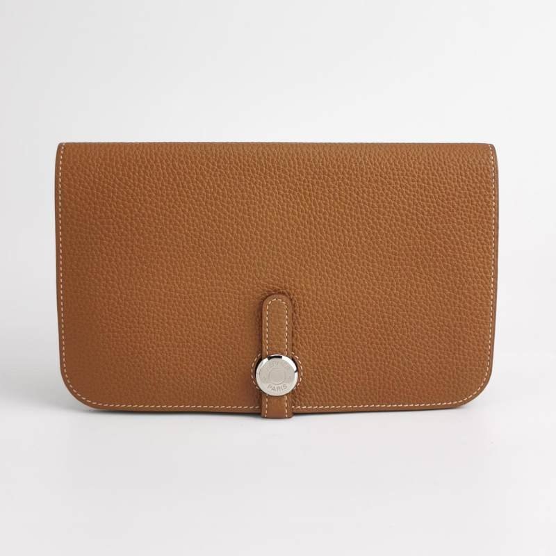 Hermes Dogon Duo馬鞍釘鎖釦子母包錢包Togo牛皮銀扣37金棕-7