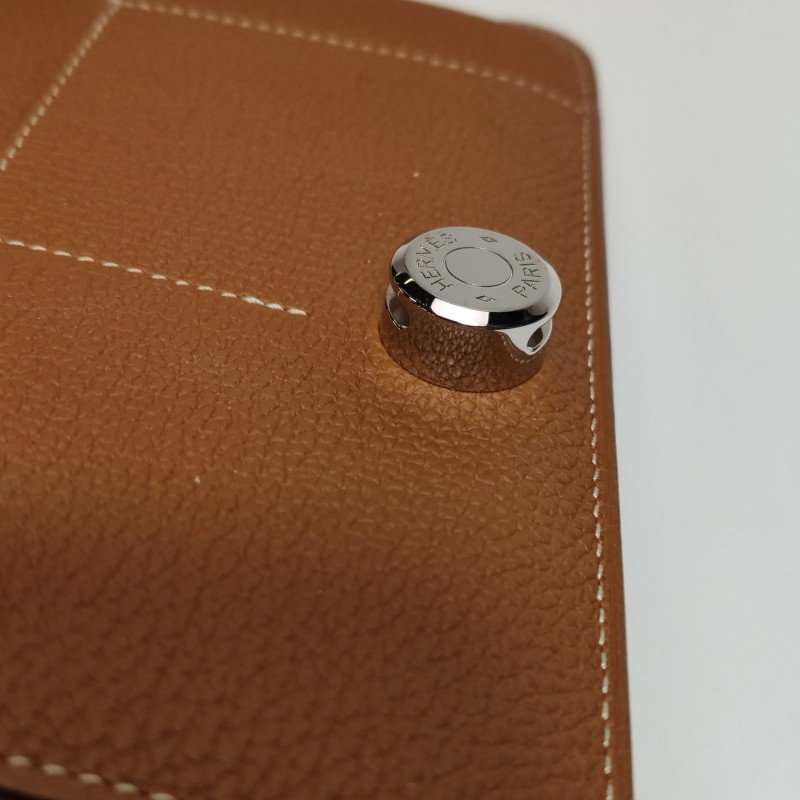 Hermes Dogon Duo馬鞍釘鎖釦子母包錢包Togo牛皮銀扣37金棕-9