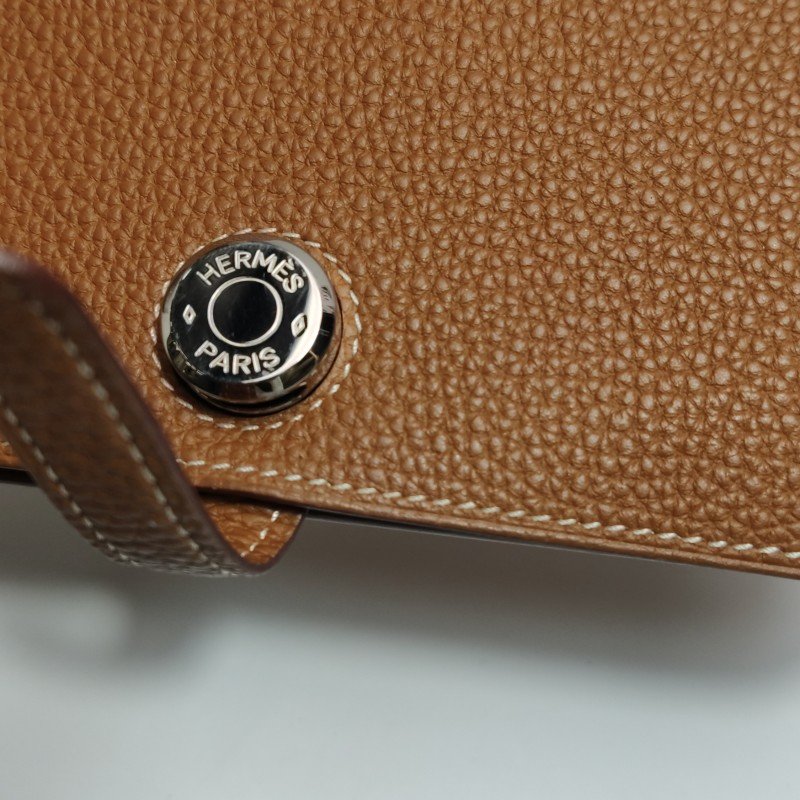 Hermes Dogon Duo馬鞍釘鎖釦子母包錢包Togo牛皮銀扣37金棕-15