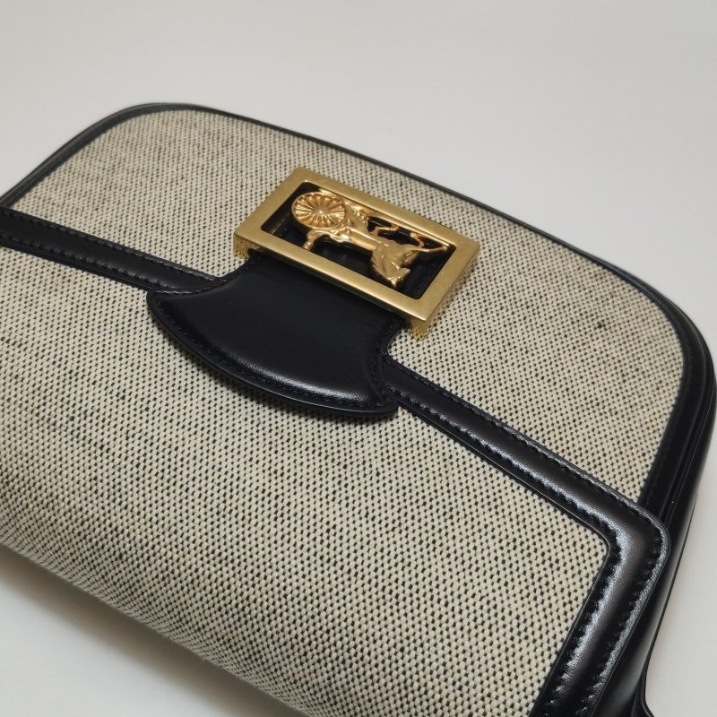 Celine Sulky中型牛皮帆布拼色馬車扣斜背包單肩包-14